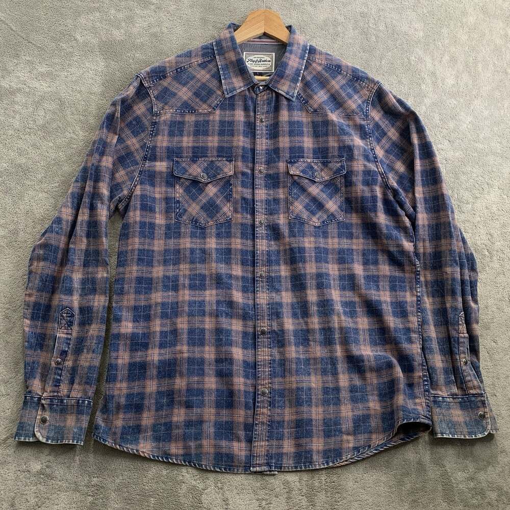Flag Anthem Shirt Men Large Plaid Western Pearl Snap Cotton Flannel Top Rodeo